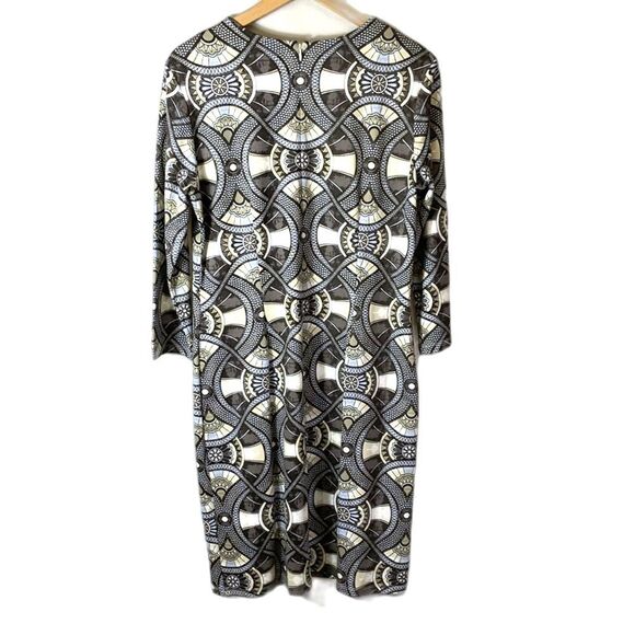 J. McLaughlin Devon Gray Taupe Blue Geo Pattern 3/4 Sleeve Midi Sheath Dress L - Picture 5 of 14